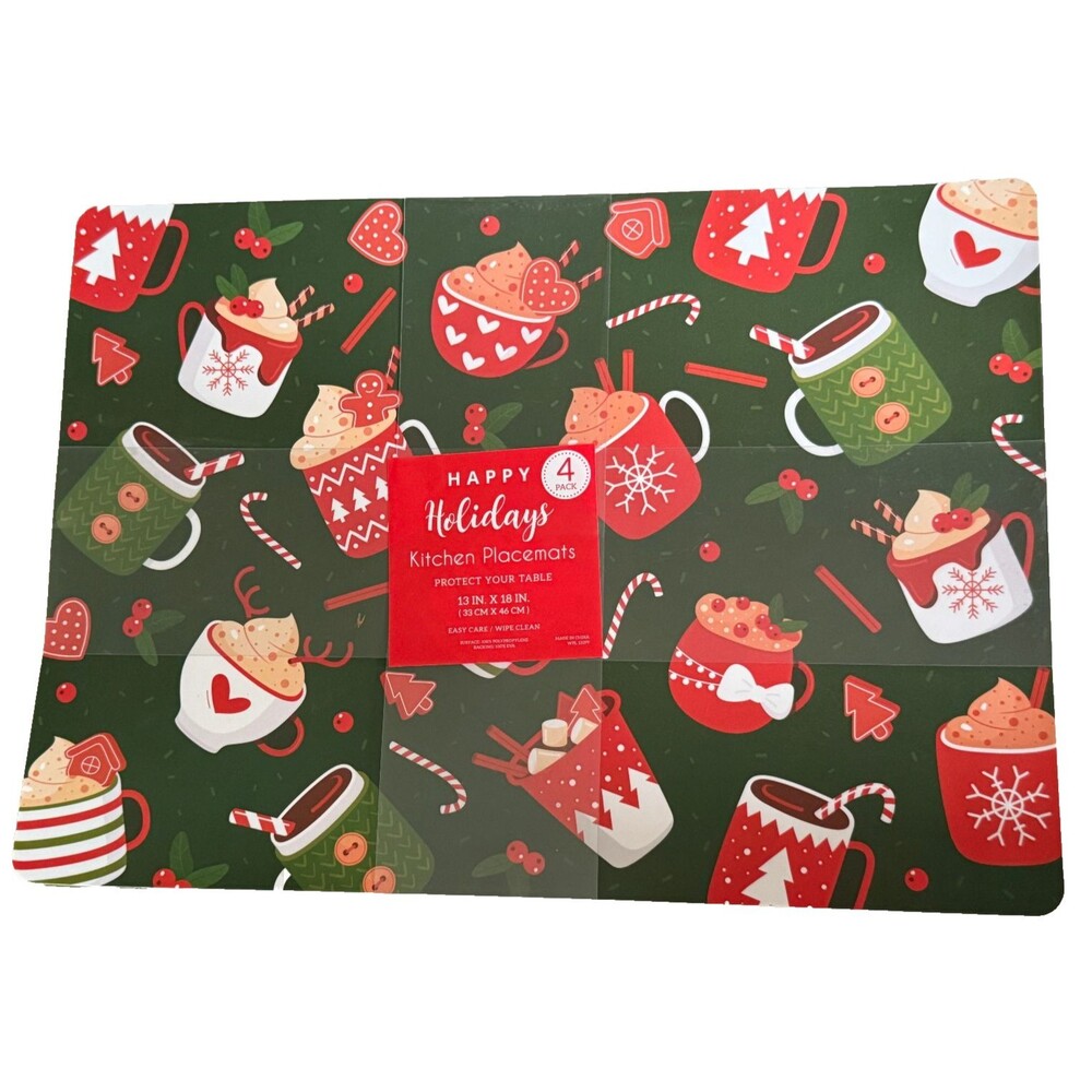 Christmas Hot Chocolate Placemats Set of 4 Vinyl Foam Back Holiday 13x18" Green